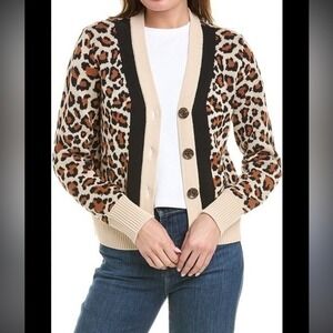 Cabi Womens Leopard Print Cardigan Sweater L Beige Black Tan Button Front